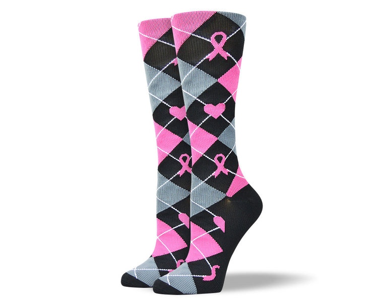 Women's Pink Argyle Ribbon Compression Socks
