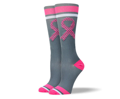 Women's Grey & Pink Ribbon Compression Socks