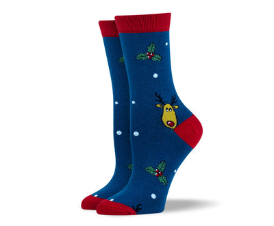 Women's Christmas Blue Reindeer Socks