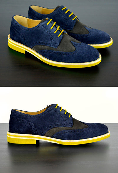 Mens Blue & Yellow Suede Wingtip Dress Shoes