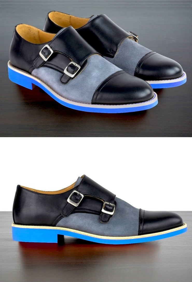 Mens Black & Blue Leather Double Monk Strap Dress Shoes - Size 10