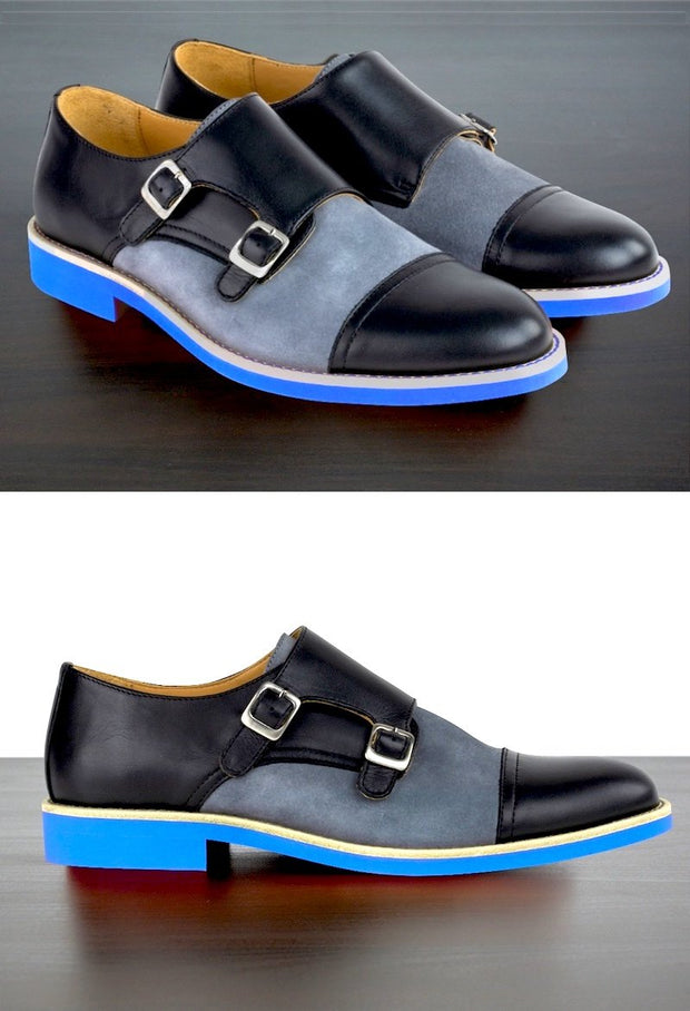 Mens Black & Blue Leather Double Monk Strap Dress Shoes - Size 12