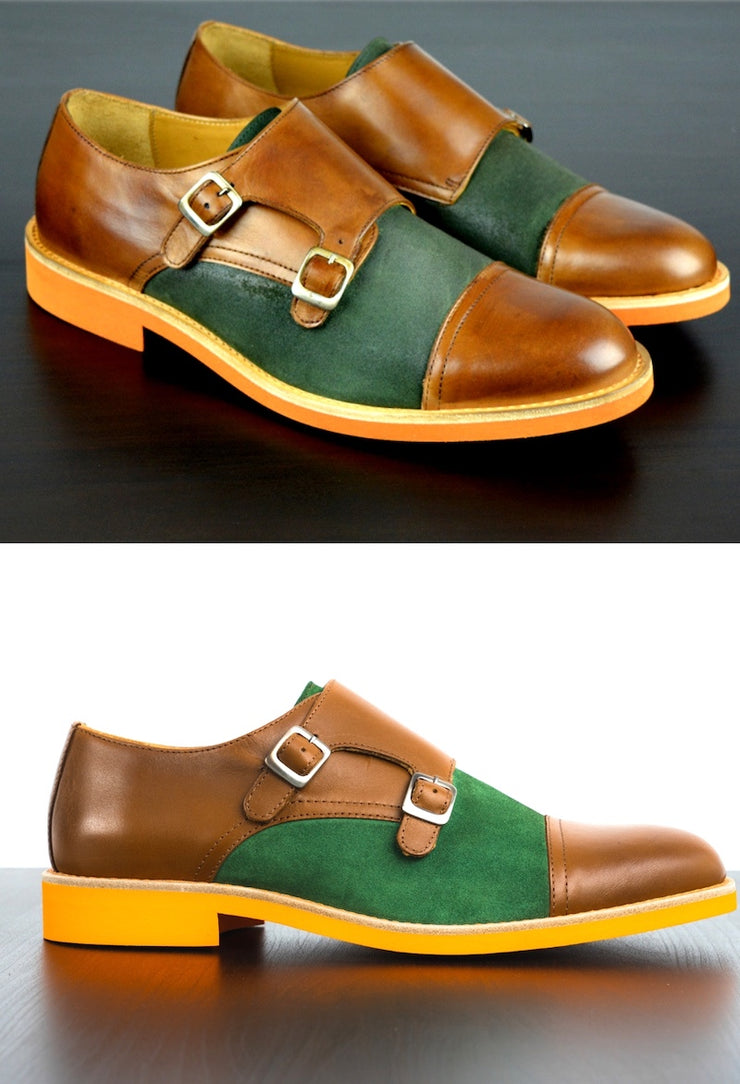 Mens Brown & Green Leather Double Monk Strap Dress Shoes