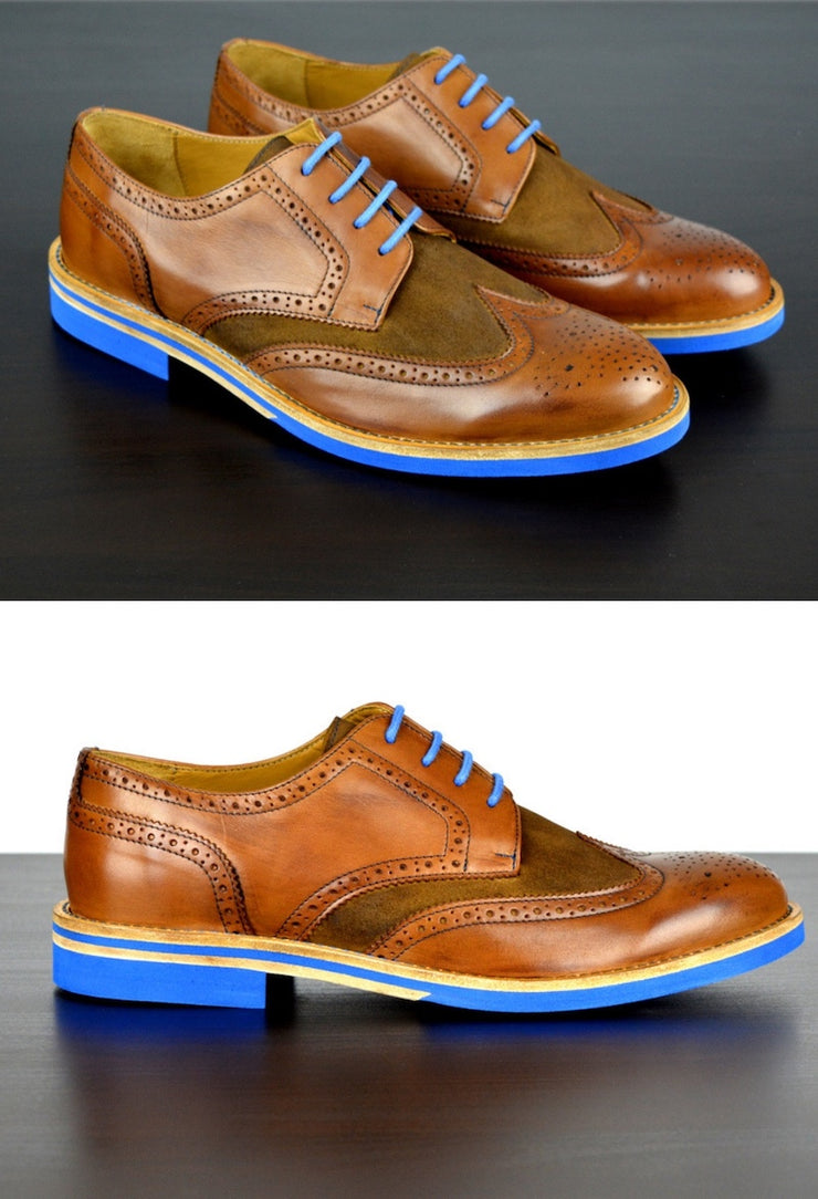 Mens Brown Blue Leather Wingtip Dress Shoes Soxy Socks Soxy