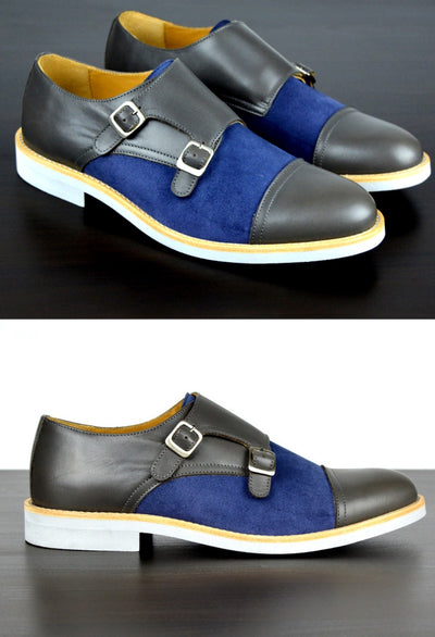 Mens Grey & Blue Leather Double Monk Strap Dress Shoes