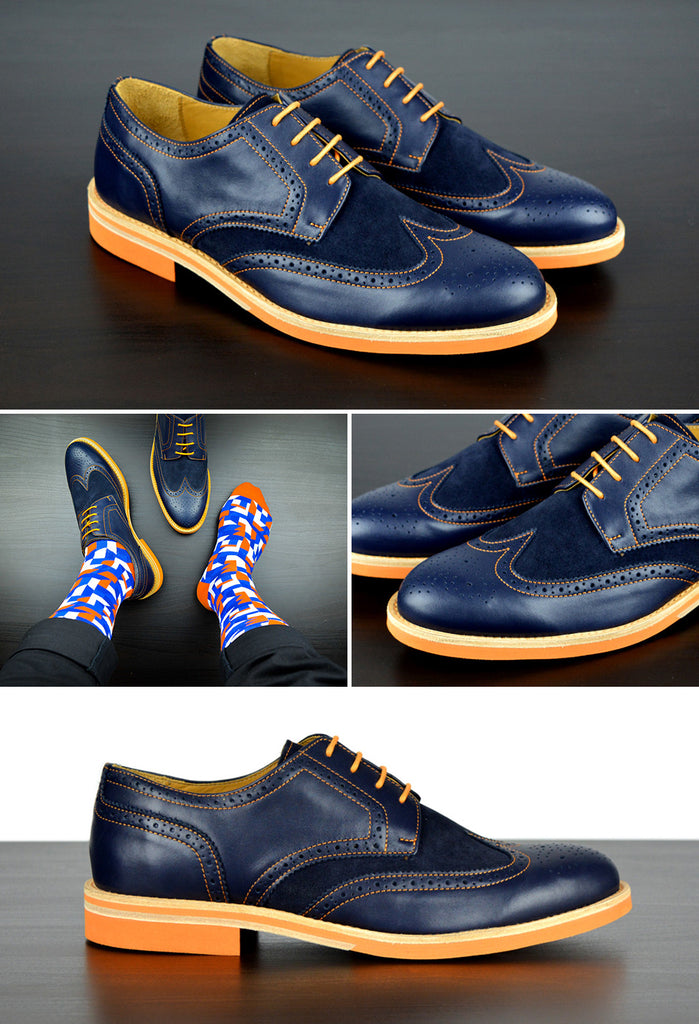 Mens Navy & Orange Leather Wingtip Dress Shoes - Size 10  display picture 2