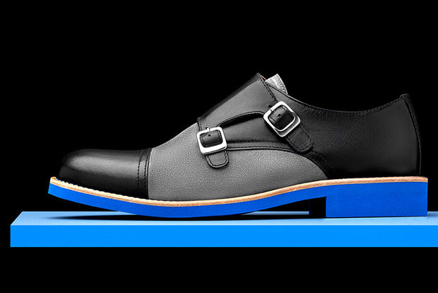 Mens Black & Blue Leather Double Monk Strap Dress Shoes