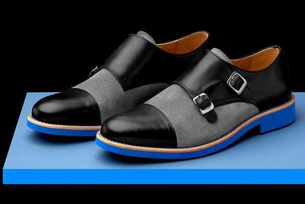 Mens Black & Blue Leather Double Monk Strap Dress Shoes - Size 12