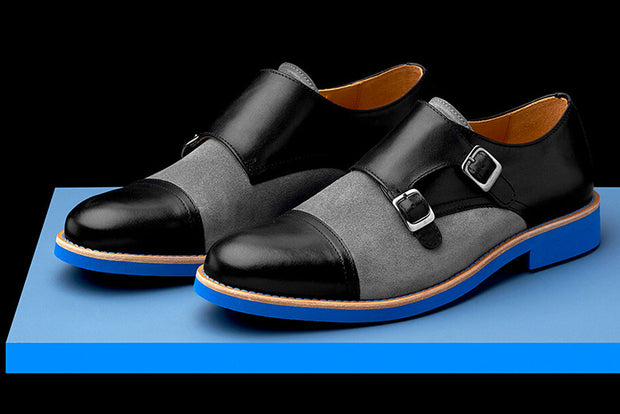 Mens Black & Blue Leather Double Monk Strap Dress Shoes