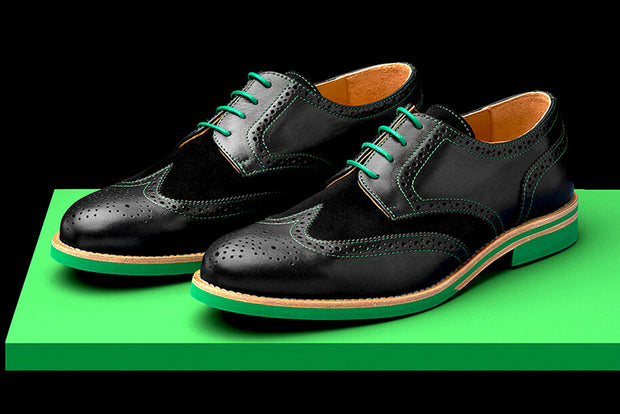 Mens Black & Green Leather Wingtip Dress Shoes