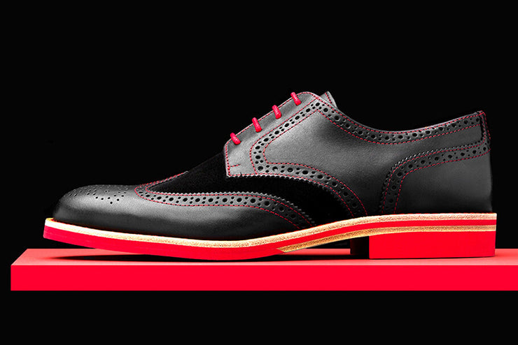 Men Black Red Oxford Brogue Wingtip Suede & Genuine Leather Shoes