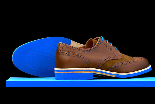 Mens Brown & Blue Leather Wingtip Dress Shoes