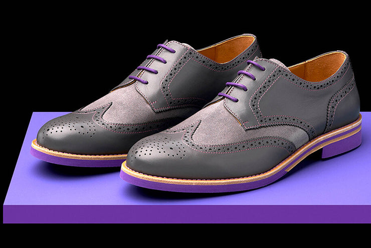 Mens Grey & Purple Leather Wingtip Dress Shoes