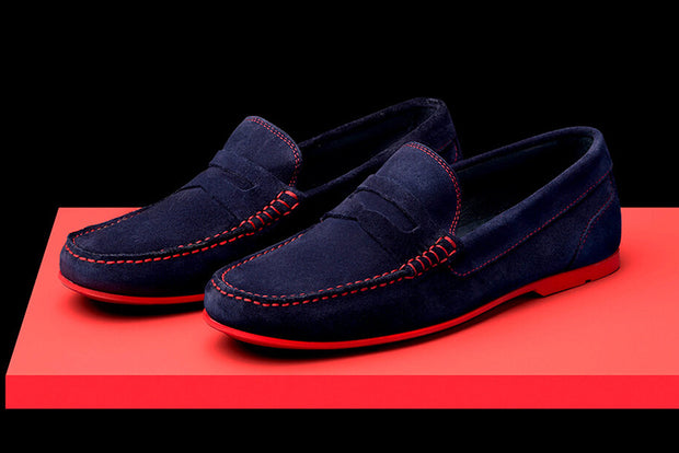 Mens Navy Blue & Red Suede Driving Loafers