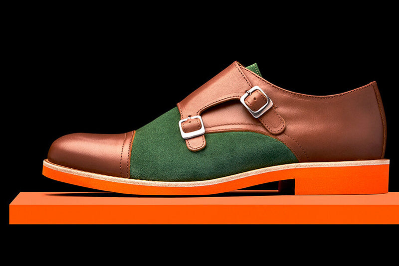 Mens Brown & Green Leather Double Monk Strap Dress Shoes | Soxy Socks   Soxy.com