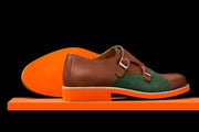 Mens Brown & Green Leather Double Monk Strap Dress Shoes - Size 12