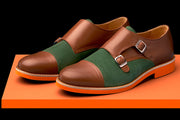 Mens Brown & Green Leather Double Monk Strap Dress Shoes