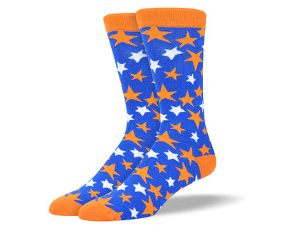 Men's Blue Dress Socks Orange Stars