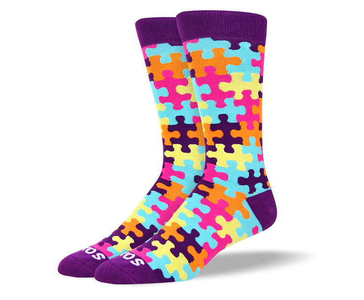 Men's Colorful Purple Puzzle Autism Socks