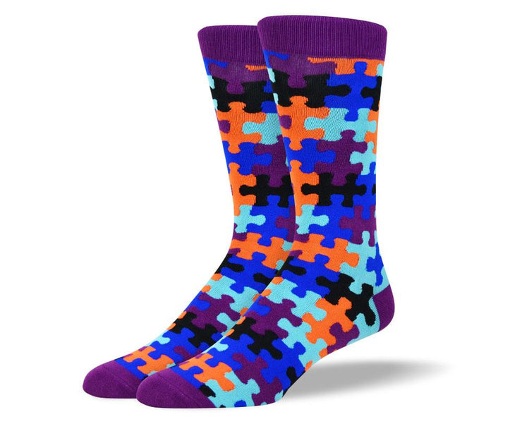 Men's Fun Crazy Purple Puzzle Socks