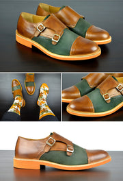 Mens Brown & Green Leather Double Monk Strap Dress Shoes - Size 12
