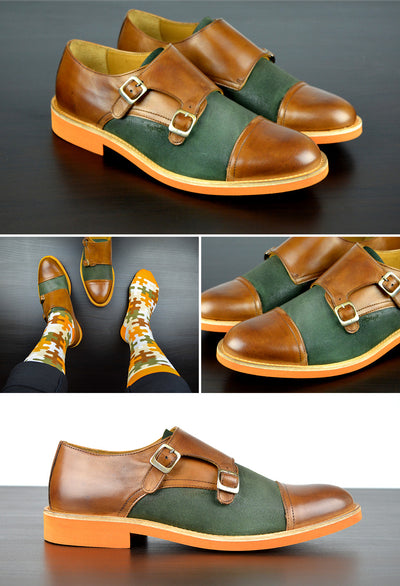 Mens Brown & Green Leather Double Monk Strap Dress Shoes - Size 12