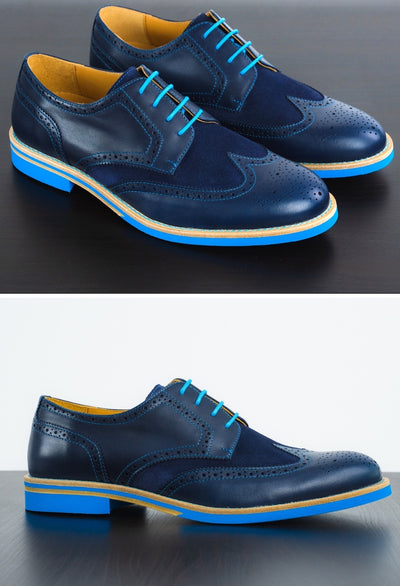 Mens Blue Leather Wingtip Dress Shoes