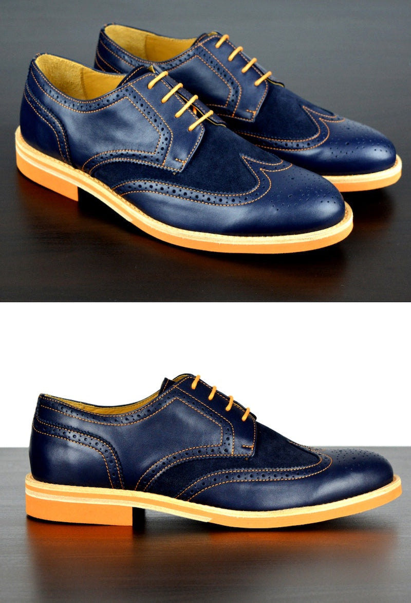 Mens Navy & Orange Leather Wingtip Dress Shoes | Soxy Socks Soxy.com Mens Navy & Orange Leather Wingtip Dress Shoes | Soxy Socks Soxy.com