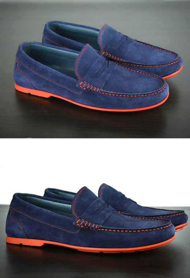 Mens Navy Blue & Red Suede Driving Loafers