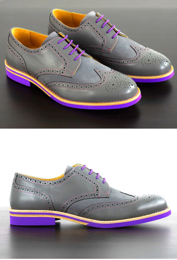 Mens Grey & Purple Leather Wingtip Dress Shoes