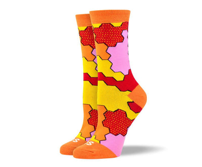 Women's Pattern Orange Jigsaw Socks For Autism