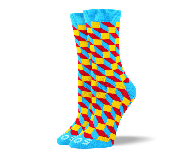 Women's Crazy Blue 3D Cube Socks
