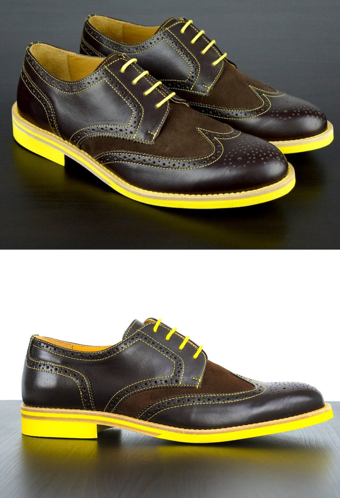 Mens Brown Yellow Leather Wingtip Dress Shoes