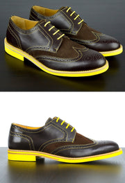 Mens Brown & Yellow Leather Wingtip Dress Shoes