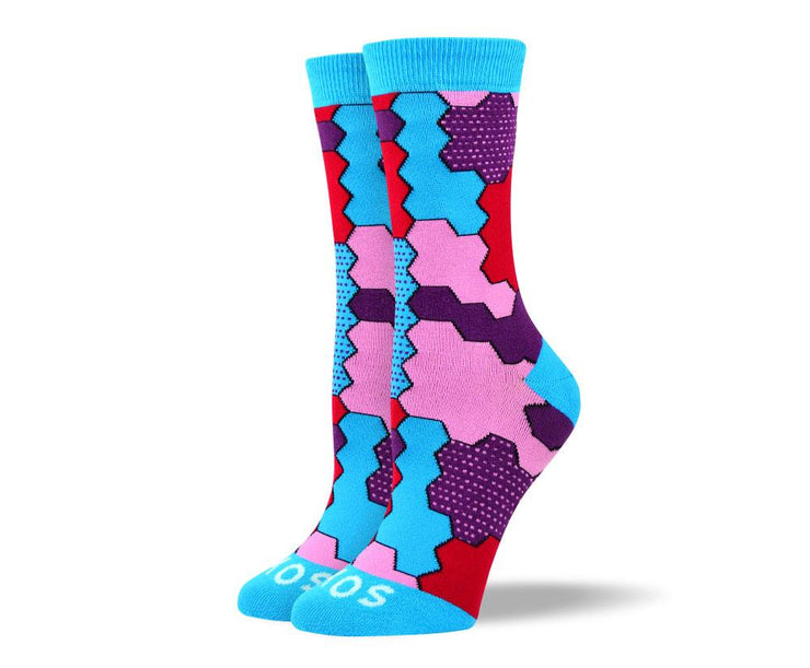 Women's Fun Blue Jigsaw Socks For Autism